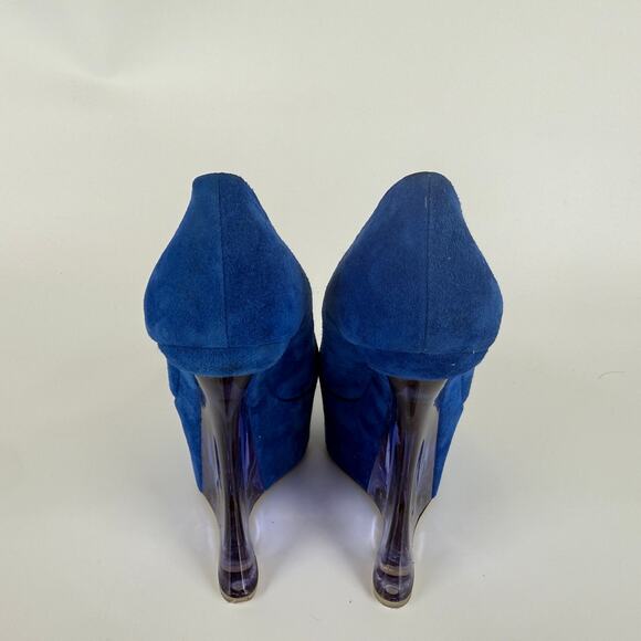 Bebe Blue Suede Platform Heels Size 7 Peep Toe Sculpted Wedge Lucite Heel - Picture 2 of 5